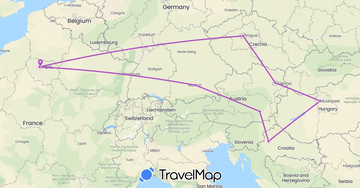 TravelMap itinerary: driving, train in Austria, Czech Republic, Germany, France, Croatia, Hungary (Europe)